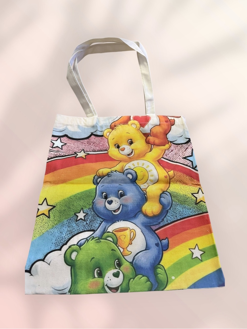 Care Bears Rainbow Stack Canvas Tote Bag - Yellow Blue Green Red New